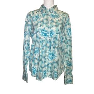 David Brooks women's size 12 long sleeve blue white floral button-up shirt